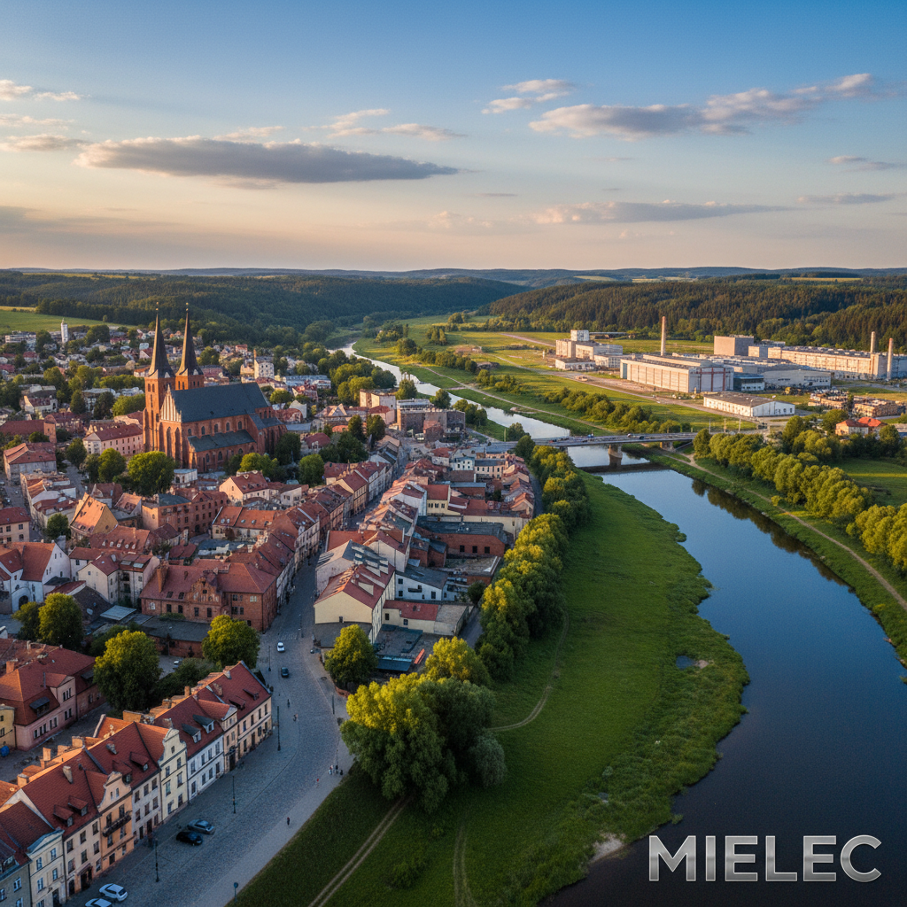 Widok na obrzeża Mielca i hotel pośród zieleni, daleko od ścisłego centrum miasta
